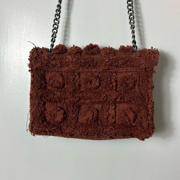 Zara Burnt Orange Fringed Fabric Crossbody Shoulder Bag Chain Woven Boho Purse - Picture 3 of 11